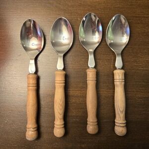Set Of 4 Wood Rounded Handles Stainless Steel Vintage Taiwan Teaspoons